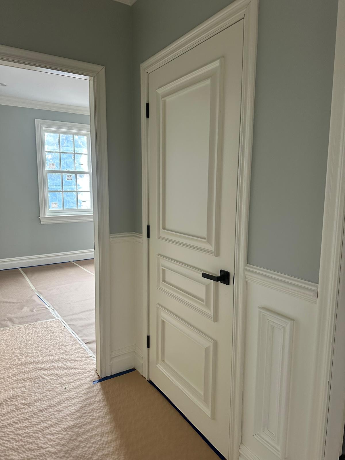 Paneled door, painted trim and flooring covered for protection